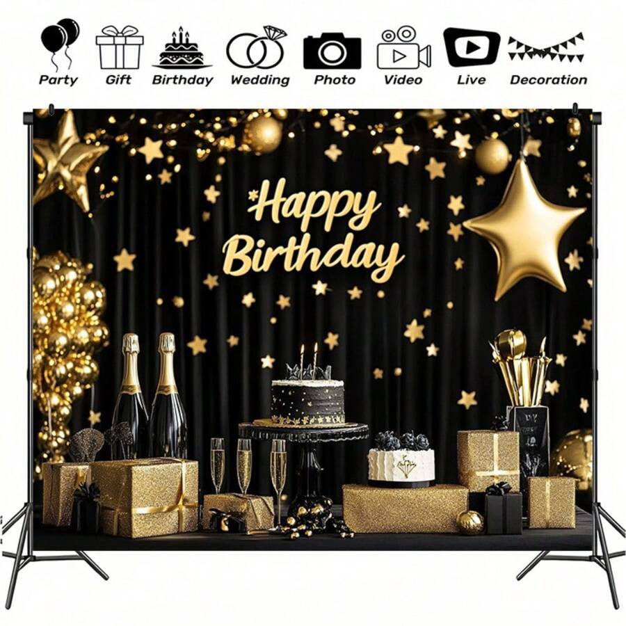 1 件经典黑色和金色生日照片背景 - 100% 涤纶摄影布 - 无需电源 - 无羽毛 - 适用于室内/室外派对装饰、家庭工作室道具、车库门悬挂标志 - 各种尺寸 - 多色/Multicolor - 查看 1