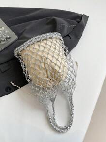 1 件时尚金色和银色镂空编织手提包，新设计手提单肩包，适合海滩度假的多功能手提包 - 銀色 - 查看 8