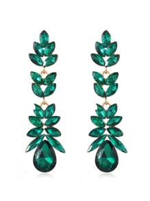 1 Pair Luxury Cubic Zirconia Leaf & Water Drop Pendant Long Earrings, Suitable For Women To Wear For Party - Green - View 5