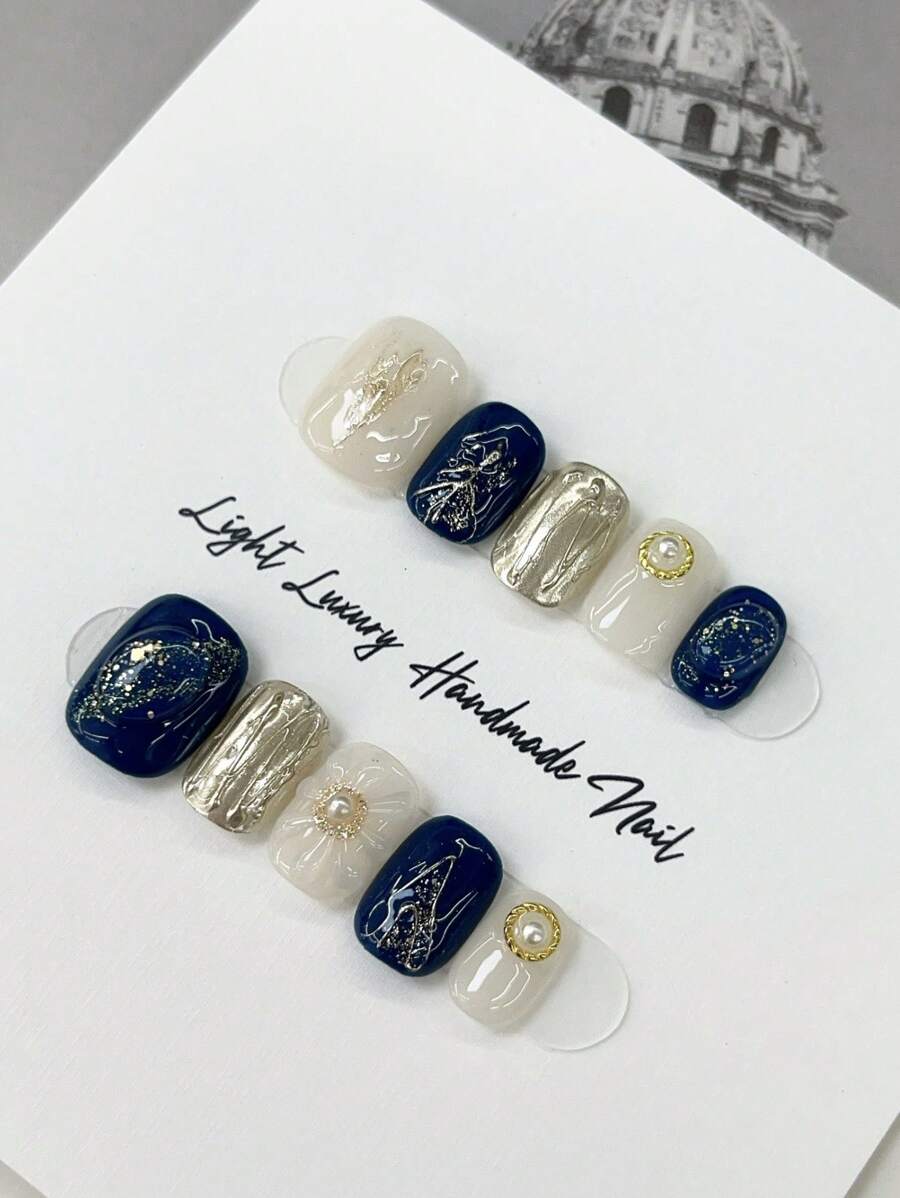 10 Pcs Short Ballet Press On Nails Set - Glossy Purple Tone With Flower And Aura Patterns, Handmade Luxury Fashion False Nail Kit