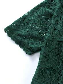 Acelitt 优雅 V 领蕾丝拼布褶饰腰部连衣裙，夏季，伴娘礼服 - 墨綠色 - 查看 7