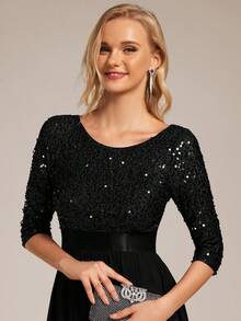 Contrast Sequin Bodice Chiffon Prom Evening Dress - Black - View 5