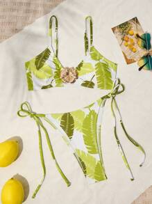 New Tropical Leaf & Metal Flower Decor 2 Pieces Swimwear Set, Summer - Multicolor - View 1