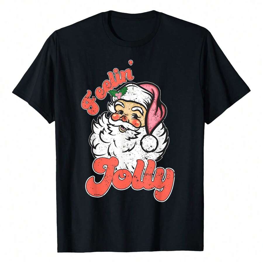 Vintage Retro Santa Feelin' Jolly Funny Xmas Holiday Flattering Plus Size T-Shirt For Women – Elegant And Comfortable, Perfect For Any Occasion
