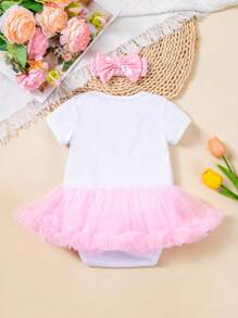 2pcs Baby Girl Party Outfit, Cute Cartoon Print Short Sleeve Bodysuit And Headband Set, Mesh Patchwork , Suitable For All Seasons - White - View 2