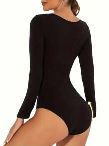 Women's One-Piece Seamless Shapewear, Belly Lift, Hip Lift, Long Sleeves, Large Neckline, Sexy Body Shapewear, Breathable, High-Stretch And Comfortable Briefs - 黑色 - 查看 4