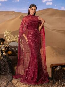 Faeriesty 奢华闪亮亮片长裙，配披肩和美人鱼裙摆设计，定制高端美人鱼礼服，优雅适合明星红毯、派对、婚礼、正式场合。 - 酒紅色 - 查看 7