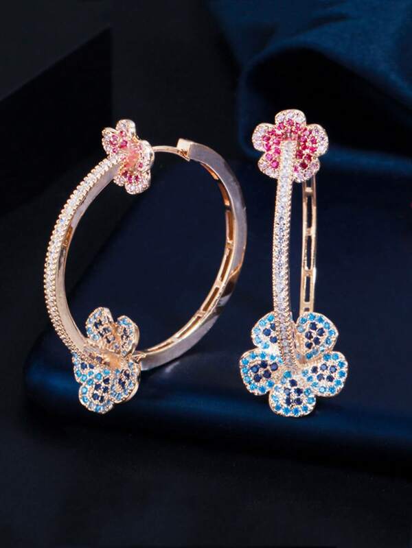 1 par de pendientes argolla con flores de circonita cúbica chapados en oro para mujer y niña, grandes, redondos y circulares, joyas para las orejas para compromiso, boda, novias, damas de honor, fiesta, baile de graduación, accesorios nupciales elegantes, uso diario de bisutería