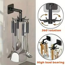 1 pieza Soporte giratorio de 360° para ollas y sartenes de fácil instalación - Sin necesidad de taladrar, montado en la pared, estante de almacenamiento en techo circular expandible de plástico negro para utensilios de cocina, cucharas, espumaderas y talla grande.