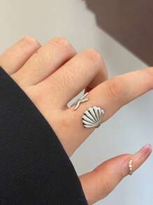 1/2pcs Stainless Steel Oil Pressure Rust-Resistant Ring With Starfish & Scallop Decor, Silver & Gold Color, Suitable For Summer Beach Wear