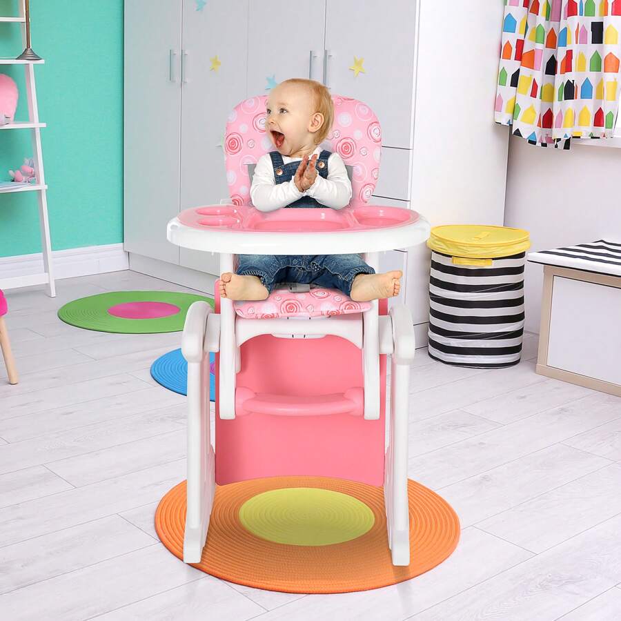 HOMCOM 2 In 1 Convertible Baby High Chair Toddler Table Chair Infant Feeding Seat Removable Food Tray Harness - Pink - View 1