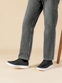 Men's Classic Textured Lace-Up Fashion Sneakers With Cushioned Support  Business Casual Shoes - 黑色 - 查看 3
