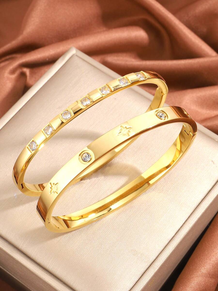 2 件/套简约时尚不锈钢手链优雅奢华礼物，送给美丽女性的完美节日礼物 - 間鑽手環組合 - 查看 1