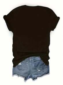 Letter Print T-Shirt, Short Sleeve Crew Neck Casual Top Summer & Spring, Men&Women's Clothing - màu đen - Xem 3