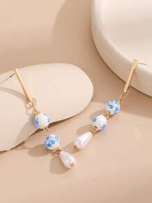Vintage Neo-Chinese Style Ceramic Printed Earrings, Stainless Steel Imitation Ginger Jar Earrings Suitable For Women's Daily Wear