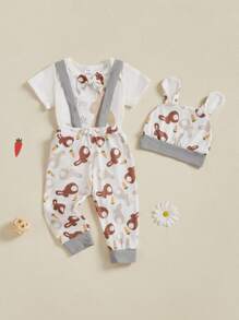 Baby Boys Easter Outfits Letter Rabbit/Carrot Print Short Sleeve Rompers Suspender Pants Hat 3Pcs Clothes Set
