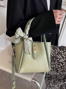 1pc Green Polyurethane Elegant Simple Scarf Bow Decor Shoulder Strap Lightweight Handbag With Inner Lining, Suitable For Women, Spring/Summer, Office Lady Commute, Shopping, Fit Phone, Wallet, Lipstick, Key, Tissue, Fashion Item