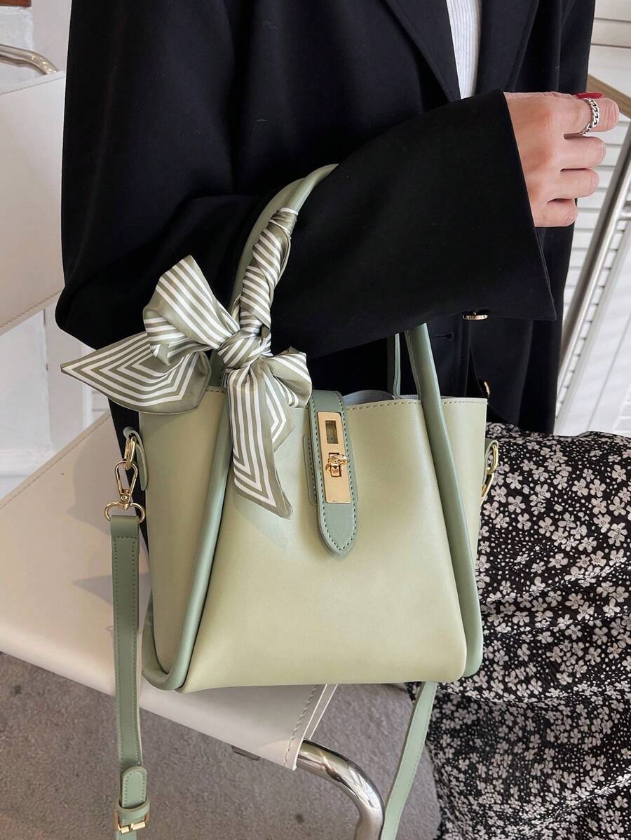 1pc Green Polyurethane Elegant Simple Scarf Bow Decor Shoulder Strap Lightweight Handbag With Inner Lining, Suitable For Women, Spring/Summer, Office Lady Commute, Shopping, Fit Phone, Wallet, Lipstick, Key, Tissue, Fashion Item