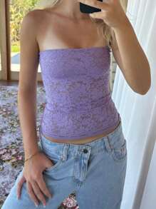 Women Lace  Floral Tube Tops See Through Off Shoulder Sleeveless Backless Crop Top Slim Fit Shirts Streetwear - 紫色 - 查看 1