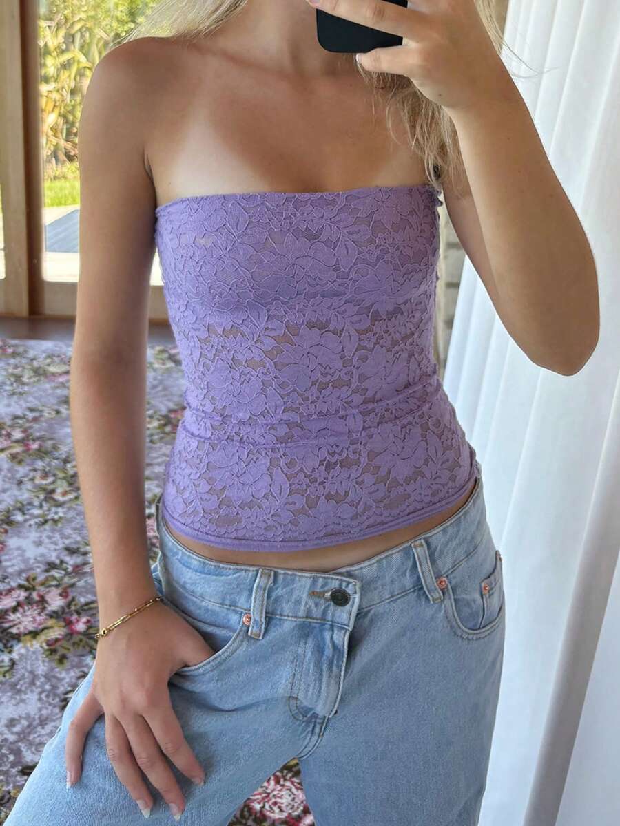 Women Lace  Floral Tube Tops See Through Off Shoulder Sleeveless Backless Crop Top Slim Fit Shirts Streetwear - 紫色 - 查看 1