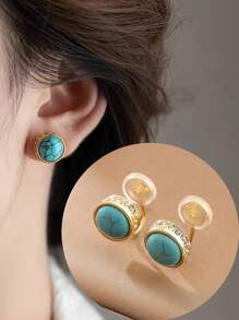 1 Pair Fashionable Crystal & Turquoise Round Clip On Earrings, Elegant Gift For Women, Suitable For Daily Wear