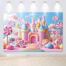 Candy Land Lollipop & Rainbow Castle 3D Tło Tkanina - Kolorowe Poliestrowe Tło Fotograficzne Na Imprezy Na Zewnątrz, Łatwe Do Wiszenia Dekoracje, Wykwintne