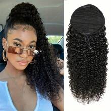 Drawstring Ponytail Deep Curly Heat Resistant 100% Human Hair Instant Clip Ponytail Extension Protective Style Kinky Curly Hair Pieces For Women - Natural Black - View 2