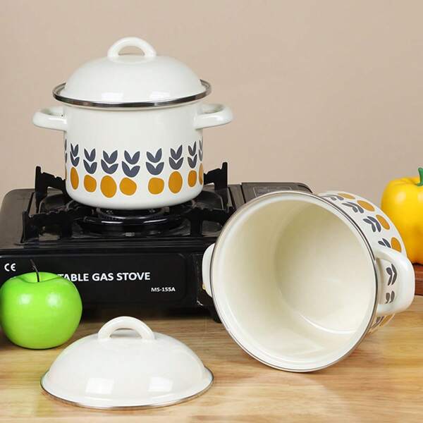 Vintage Enamel Cooking Pot With Lid - Thick And Anti-Cracking, Versatile For All Seasons, Suitable For Soups, Salads, Noodles - Ideal For Home, Outdoor Picnics And Special Occasions, Ceramic Material, Heat-Resistant Fruit Bowl