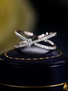 1pc S925 Sterling Silver Cross Design Synthetic Cubic Zirconia Ring, Fashion & Elegant Lady Daily Wear Quality Jewelry