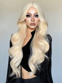 Jednoczęściowe długie falowane blond peruki syntetyczne 26 cali platynowe codzienne naturalne peruki z grzywką peruka cosplay dla kobiet odporna na ciepło