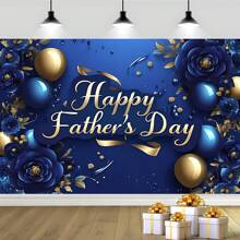 1pc Happy Father's Day Background Cloth, Polyester Luxurious Blue Rose & Balloon Design Banner, Suitable For Father's Day, Birthday Party Celebration Decoration, Multi-Size