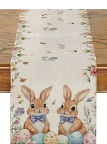 1pc Easter Table Runner, Easter Decorations Rabbit Floral Seasonal Spring Holiday Dining Table Decor, Easter Party Table Decor