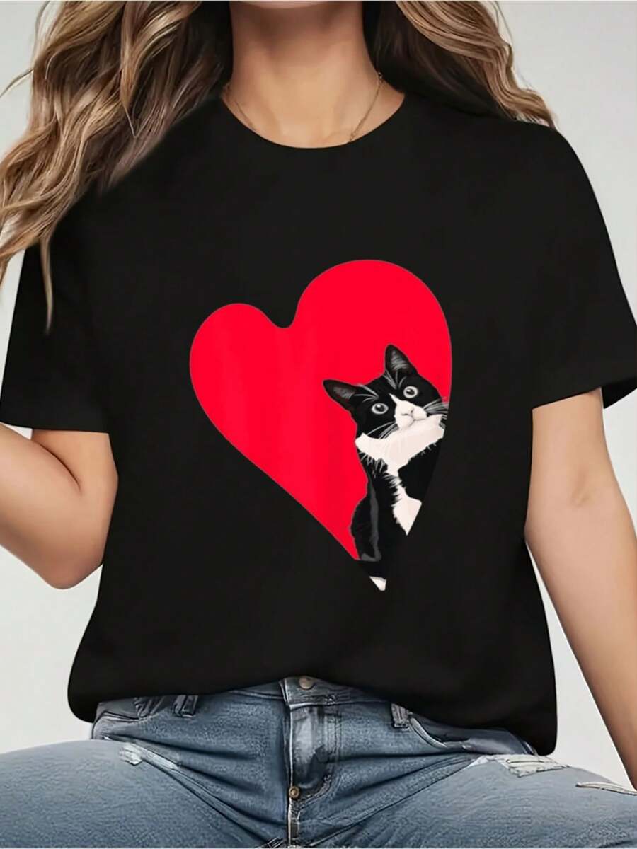 100% Cotton Cat Valentine Heart For Kitten And Animal Fashion Loose Casual Sports Summer Crew Neck Short Sleeved Top Women's Tops - Black - View 1