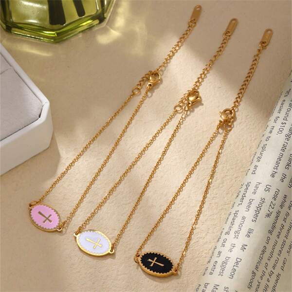 1pc Stainless Steel 18K Gold Plated Round Cross Pendant Bracelet, Minimalist & Fashion Unisex Jewelry Accessory