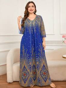 DEARCASE Plus Size Hot Stamping Print Long Sleeve Arabic Style Dress - Multicolor - View 5