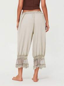 Women Lace Trim Long Bloomers Elastic Mid Rise Ruffle Pantaloons Cropped Flared Slips Pants Bottoms - White - View 5
