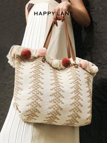 HAPPY LANE 春季流苏和绒球草编沙滩手提包，时尚单肩包适合女性日常使用、通勤、购物、旅行、派对、送给女朋友的礼物、情人节