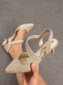 Women's Kitten Heels Fashion Pumps Closed Toe Pointed Toe Stiletto Low Heel Strappy Comfortable Party Dance Wedding Dress Shoes - 金色 - 查看 2