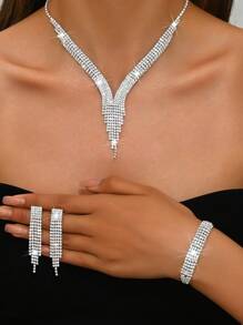 4 件套奢华水钻装饰水晶项链手链和耳环套装，优雅女士珠宝，适合婚礼、派对、节日和礼物 - 首飾套裝 - 查看 2