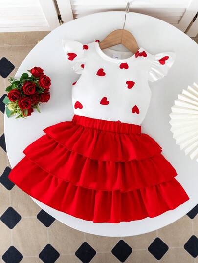2 Stücke Lässig Süßer Set für Kleine Mädchen: Weißer gestrickter Herzdruck-Flügelärmeloberteil + Rot gewebter Süß Rüschenrock mit Torte Muster, geeignet für Mädchen Alltag Lässig und Festtagsoutfit, Frühling/Sommer