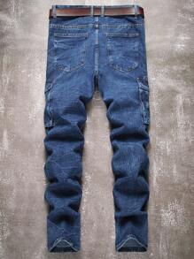 男式深蓝色褶皱风琴侧袋修身直筒牛仔裤