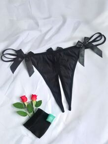 性感内衣内裤，缎面光滑，双蝴蝶结设计，开裆丁字裤 | 前后双蝴蝶结设计，透视 T 型内裤，性感内衣蝴蝶结裆丁字裤，冰丝光滑面料 + 3D 剪裁，凉爽不吸汗。正面双大蝴蝶结 + 背面开裆蝴蝶结 T 型内裤 - 黑色 - 查看 2
