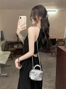 夏季女士独特设计吊带连衣裙，新款娇小长款派对连衣裙黑色 - 黑色 - 查看 7