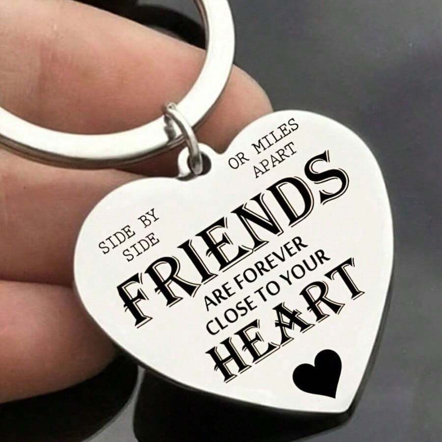 1pc Women Heart Shaped Friends Stainless Steel Keychain Long Distance Encouraging Lettered Keyring Friendship Gifts - Multicolor - View 1