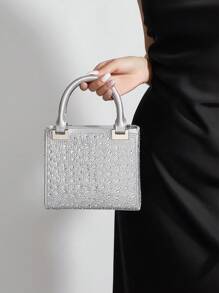 Women Luxury Satin Mini Rhinestone Decorated Clutch Bag, Elegant Evening Party Handbag, Formal Prom Gown Wedding Purse For Ladies' Daily Commute Or Dating For Party,Wedding, Prom, Dinner/Banquet, Matching With Wedding Dresses,Formal Dresses, Prom Dresses, Birthday Dresses - Silver - View 1