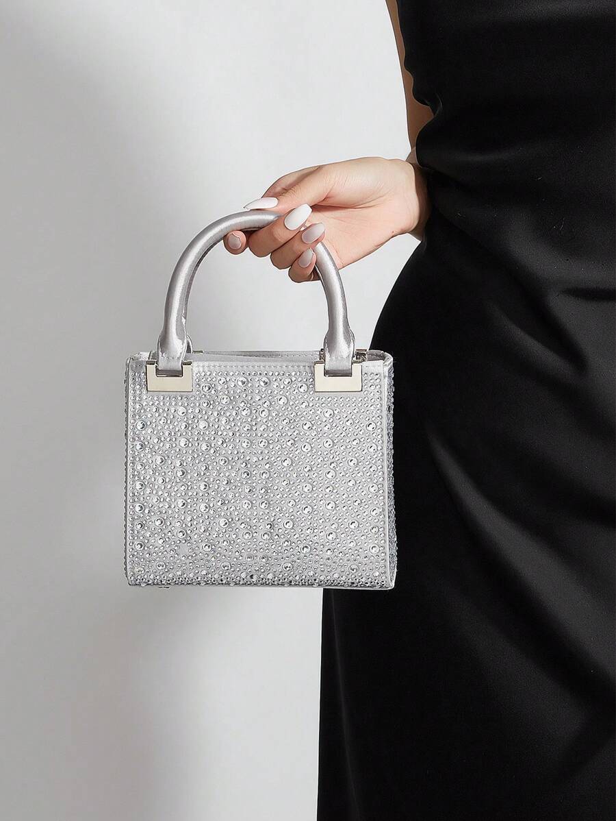 Women Luxury Satin Mini Rhinestone Decorated Clutch Bag, Elegant Evening Party Handbag, Formal Prom Gown Wedding Purse For Ladies' Daily Commute Or Dating For Party,Wedding, Prom, Dinner/Banquet, Matching With Wedding Dresses,Formal Dresses, Prom Dresses, Birthday Dresses - Silver - View 1