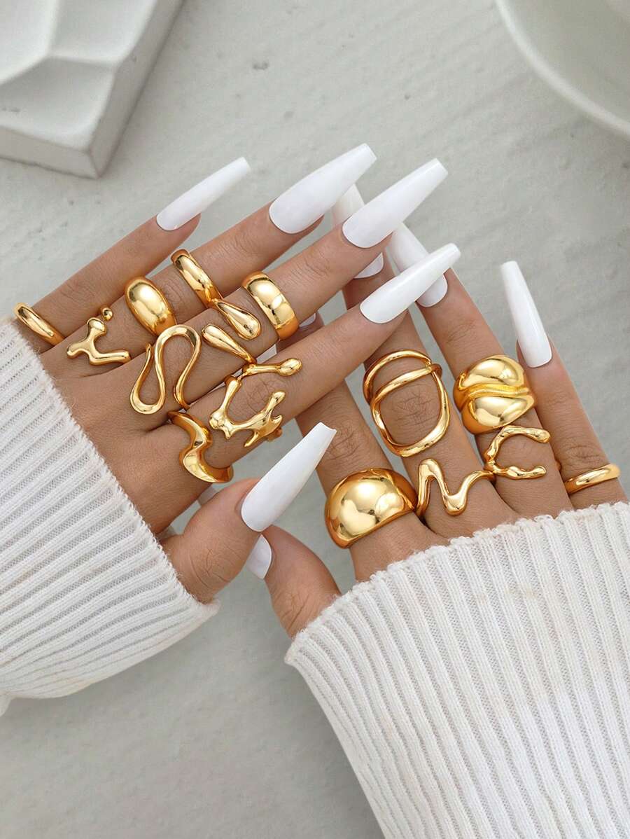15 sztuk Modny Minimalistyczny Wykwintny Retro Asymetryczny Geometryczny Płynny Kształt Przesadny Metalowy Styl Zestaw Pierścieni, Elegancki Pakiet Prezentowy Na Święta, Imprezę, Randkę, Codzienne Noszenie