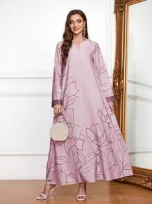 V 领连衣裙，全印花，厚实柔软的四向弹力面料，优雅奢华的阿拉伯风格长袍连衣裙，端庄 - 藕粉色 - 查看 1