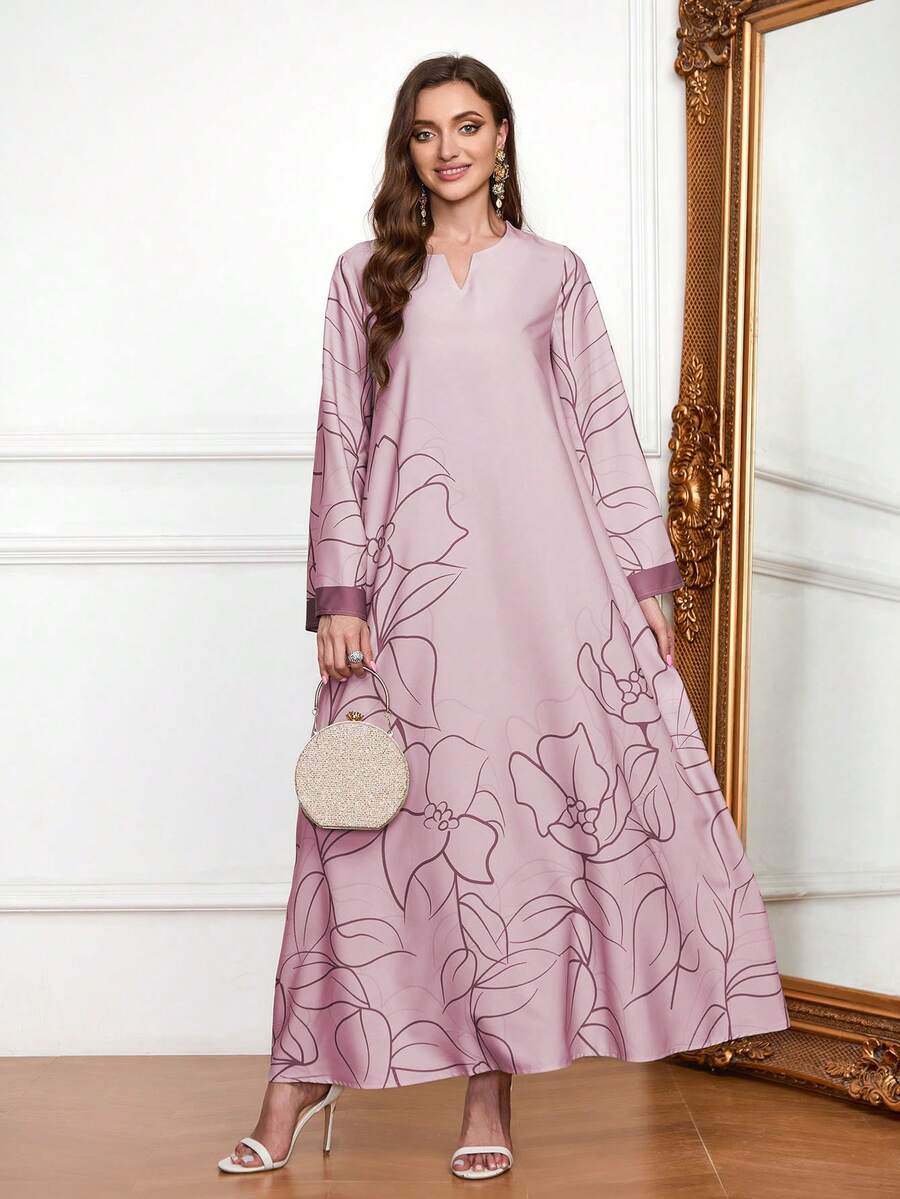 V 领连衣裙，全印花，厚实柔软的四向弹力面料，优雅奢华的阿拉伯风格长袍连衣裙，端庄 - 藕粉色 - 查看 1