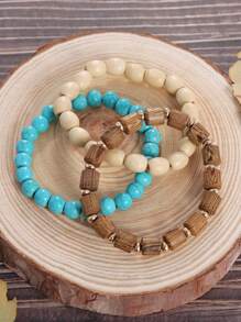BOCAR 3pcs/Set Beach Vacation Natural Beaded Wooden Elastic Bracelet Set - Turquoise Blue - View 13
